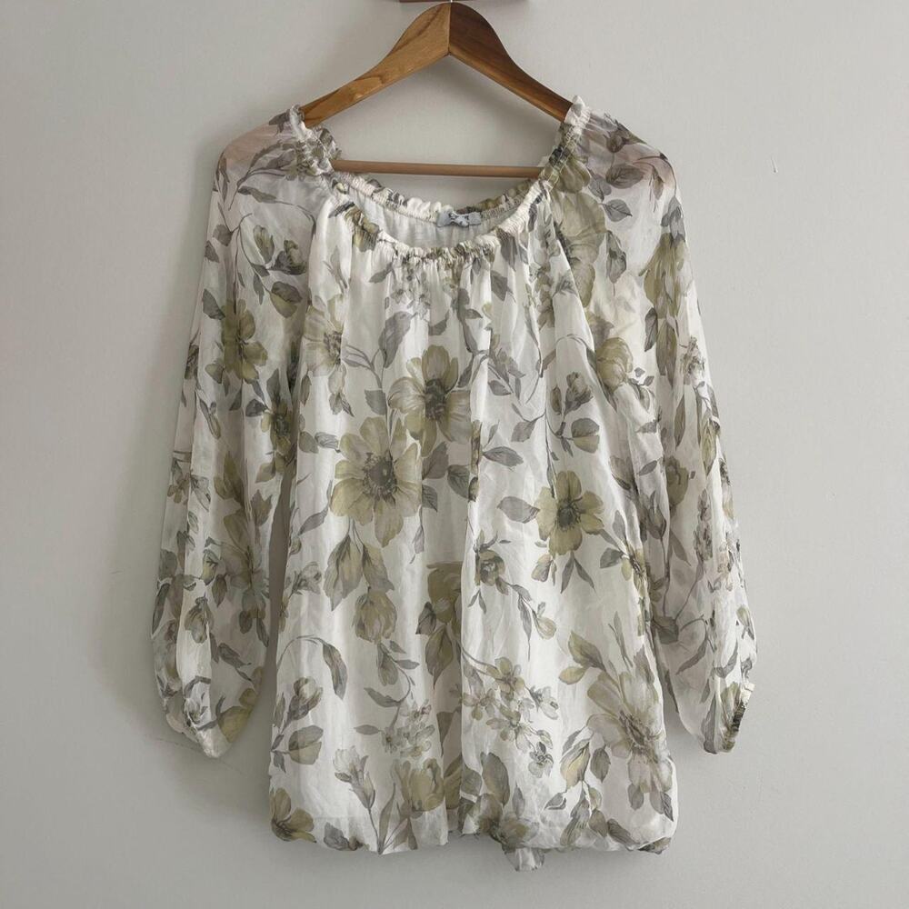 Italian Silk Floral Ivory Green Gray Muted Cottage Peasant Blouse Elastic Small